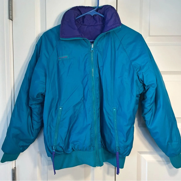 COLUMBIA Vtg 90s Purple Teal Reversible Radial Bomber JACKET Coat Women's S - Picture 1 of 12